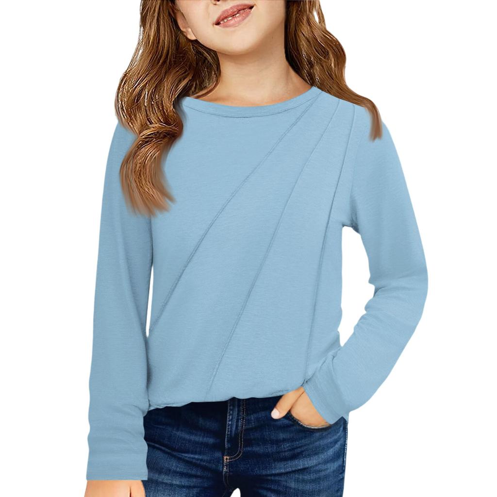 Girls' Long Sleeve Tee - Pleated Round Neck Casual Top
