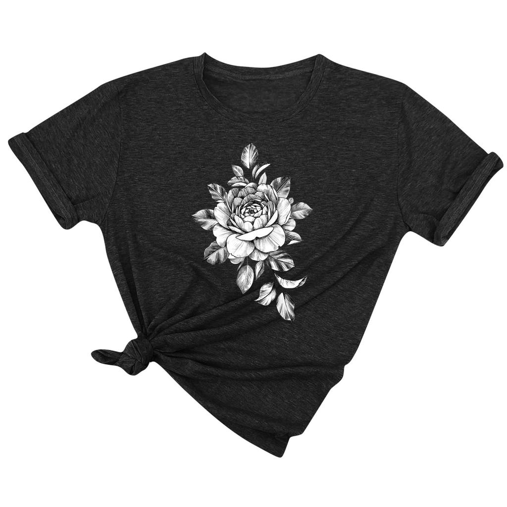 Women's Fashion Solid Color Round Neck Floral Print Pullover Casual T-Shirt