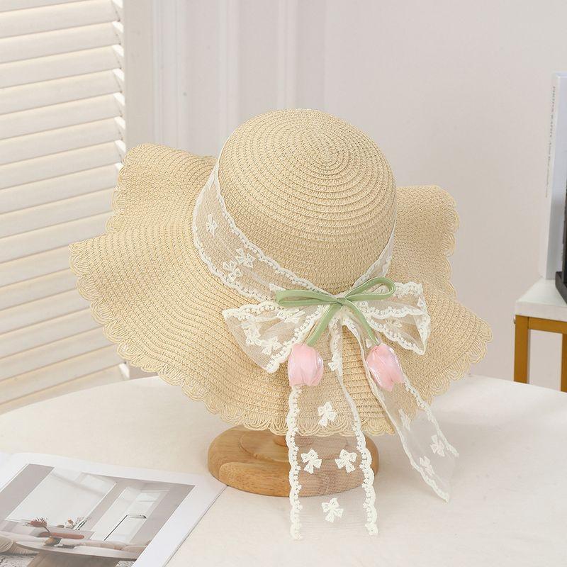 

Summer Lace Light Tulip Straw Hat Lace Bows Sun Protection Sun Hat French Pastoral Style Seaside Hat Beige