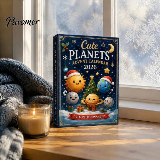 Astronomy Gift for Kids Space Advent Calendar, 24Pcs 2D Flat Acrylic Ornament Set with Planet Star Themed Hanging Decorations Designs, Christmas Tree
