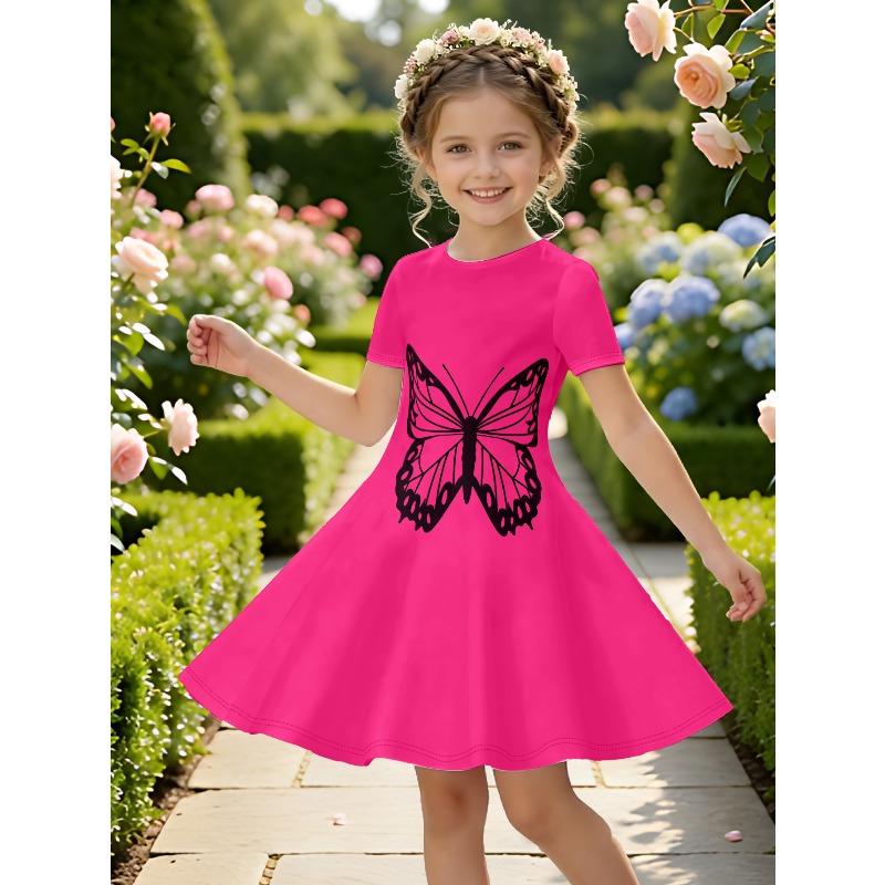 Girl's Pink Butterfly Print Dress Short Sleeved Casual A-line Children's Swing Dress Suitable for Birthdays and Parties