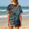 Women Short Sleeve Henley Button Neck Shirt Linen Cotton Blend Casual Chest Pocket Printed Top