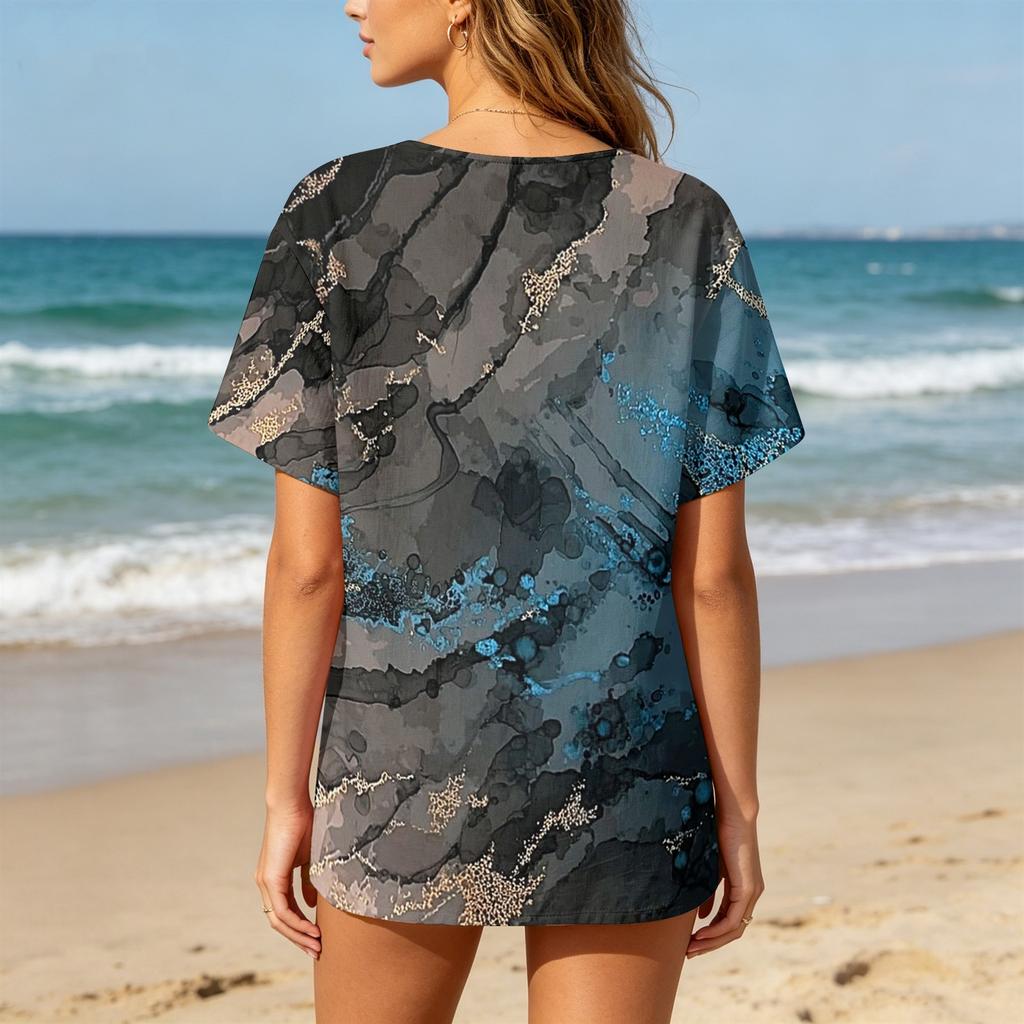 Women Short Sleeve Henley Button Neck Shirt Linen Cotton Blend Casual Chest Pocket Printed Top