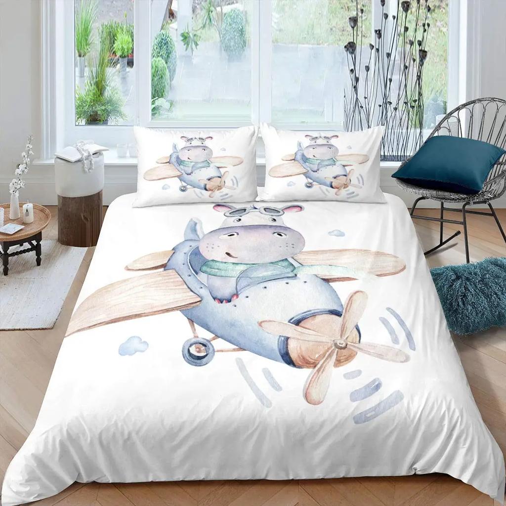 Set Copripiumino Ippopotamo Misura King Ippopotamo Cartone Animato che Tiene un Fiore Rosa Set Copripiumino per Bambini Animale Selvatico Copripiumino in Poliestere