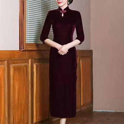 Gold Velvet Cheongsam New Improved Spring Autumn Temperament Wedding Banquet Dress