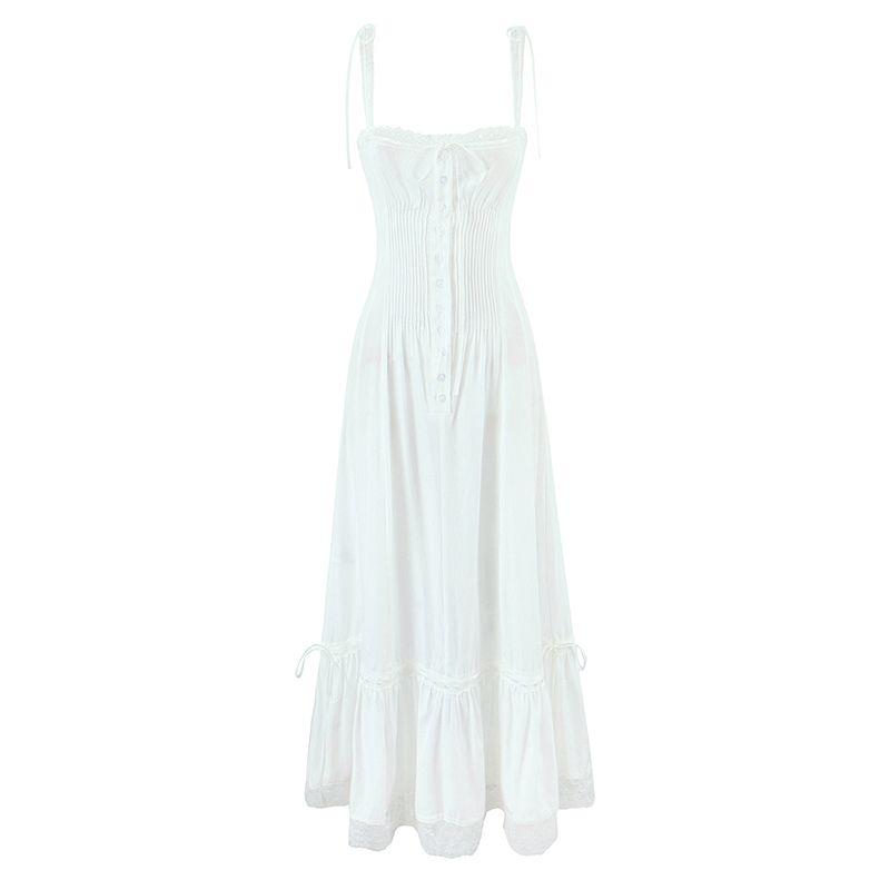 

Pure White Eucalyptus French style Retro Romantic Pure Desire Lace Edge Patchwork Slim fit Gentle Sling Dress Long dress White Long Dress L