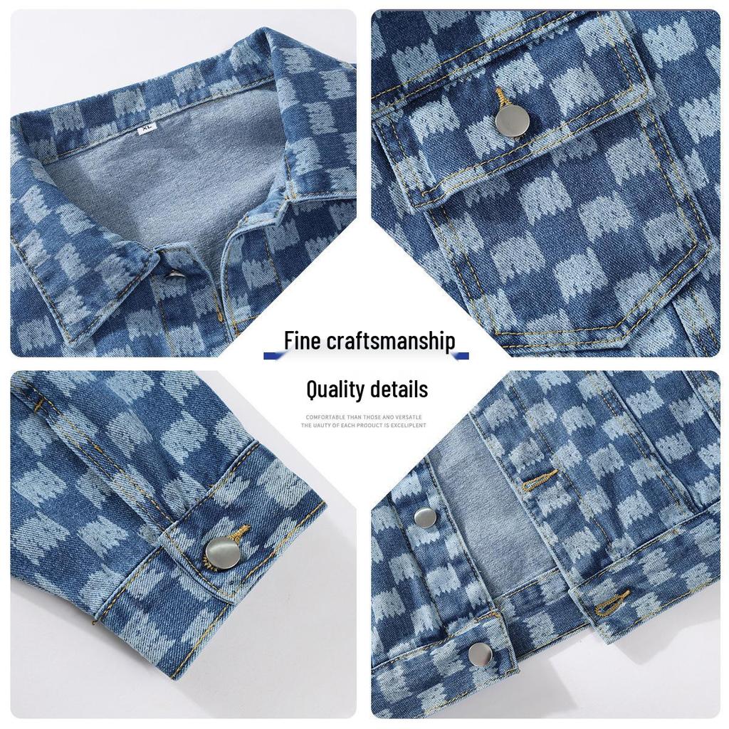 2026 Men's Plaid Denim Jacket: Loose Fit Korean Style Youth Top, Long Sleeve Autumn Outerwear.