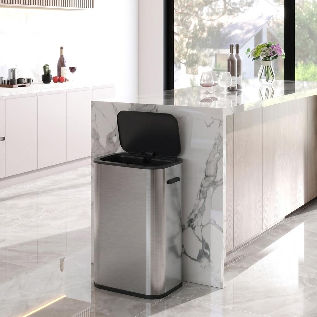 Automatic Kitchen Trash Can 55L Stainless Steel, Soft Close Lid, Battery Operated, Silver