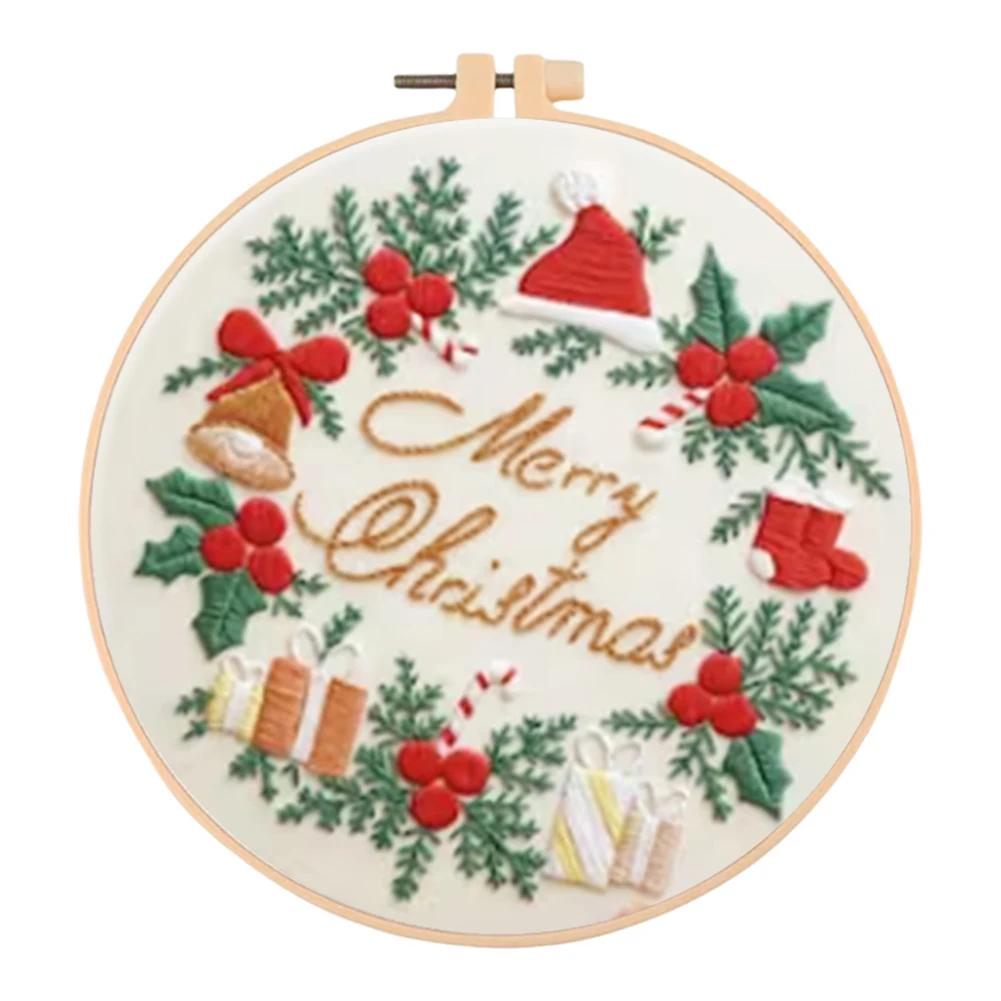 Merry Christmas Handmade Embroidery Kit for Beginners with Cotton Threads Needles Hoop and Pattern for Custom Art