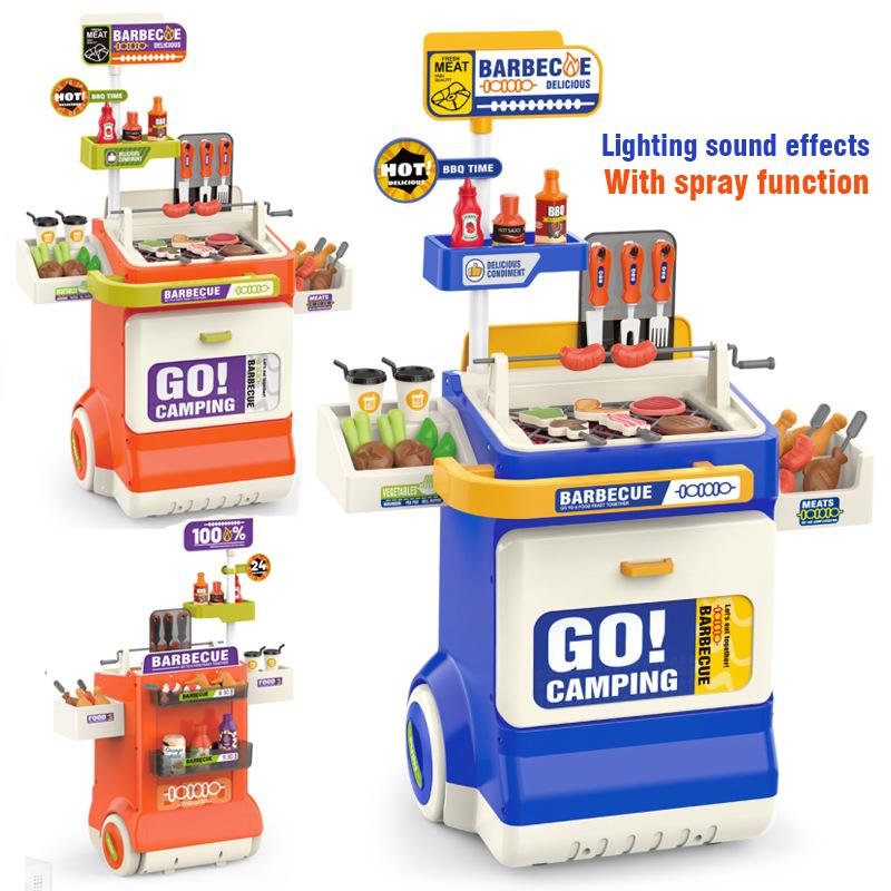Children's Simulate Kitchen Toy Tableware Barbecue Cart Kids Toys BBQ Foods Storage Box Boy Girls Role Play Game Christmas Gifts