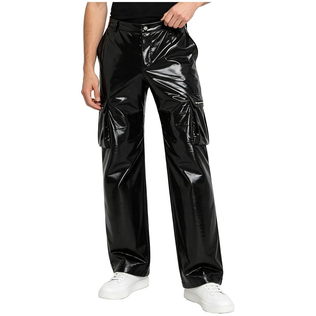 Mens Glossy PU Leather Cargo Pants Multi Pocket Straight Leg Punk Trousers Y2k Streetwear