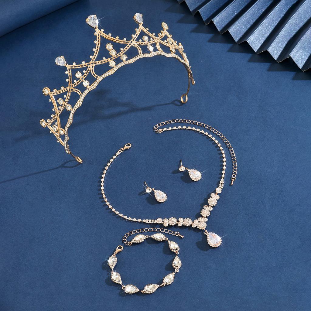 Ladies' Fashion Simple, Gorgeous and Elegant Crown Necklace Earrings Bracelet Zircon Set