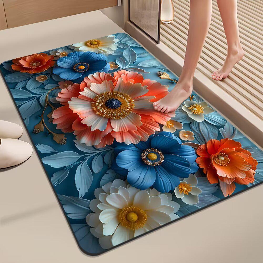3D Floral Diatom Mud Quick-Dry Bathroom Mat - Absorbent, Soft, Non-Slip Toilet & Kitchen Carpet