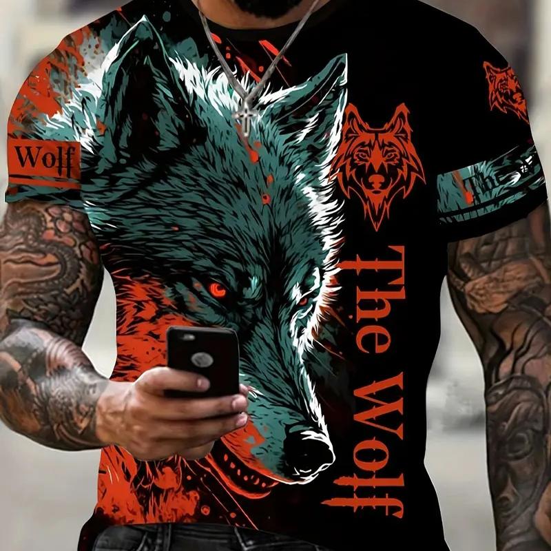 

Нова літня чоловіча модна футболка. Чоловіча футболка з принтом Вовк . 2XL дубильна кора