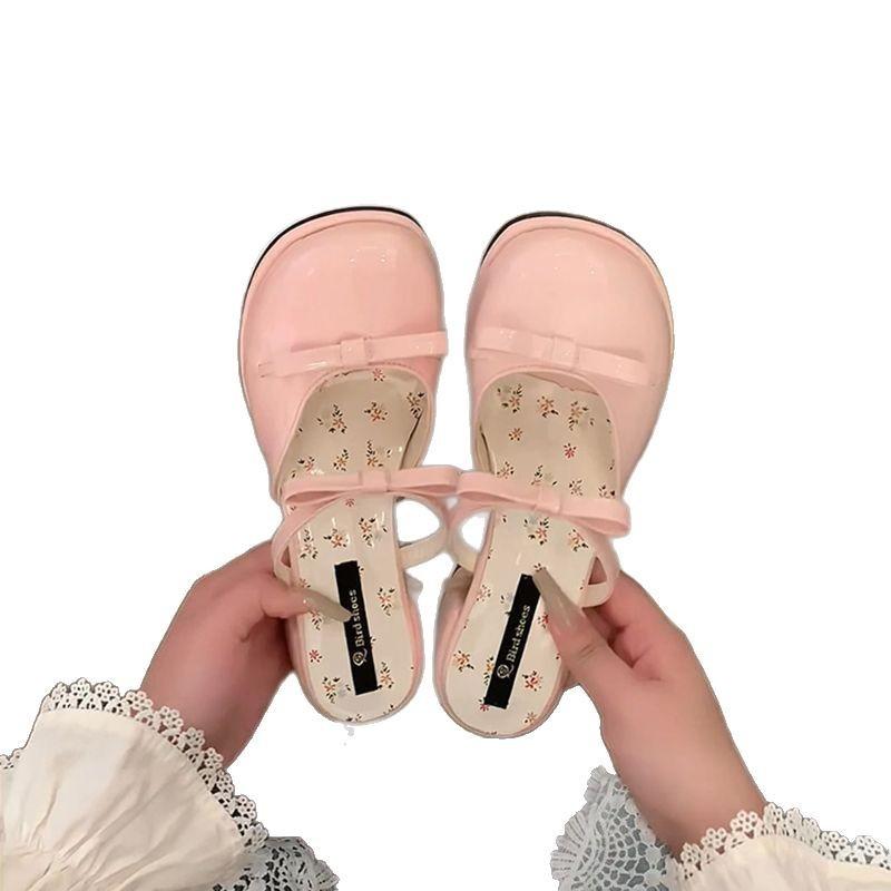Fairy style bow wedge single shoes women's outer wear 2025 new open-toed square head with skirt temperament slippers tide
