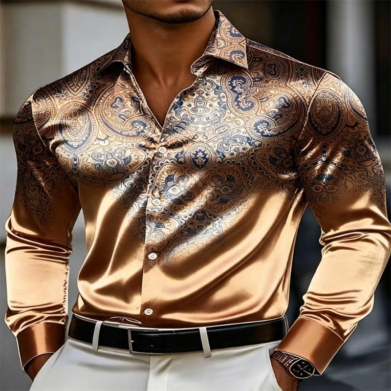 Men Luxury Satin Paisley Jacquard Shirt Long Sleeve Slim Fit Button Up Dress Shirts Male Business Wedding Party Banquet Formal