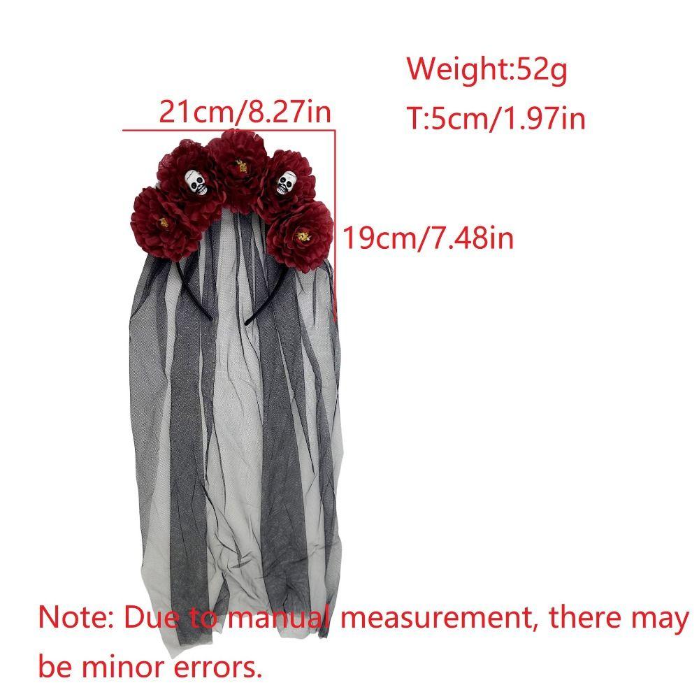 Long Ribbon Veil Halloween Hair Band Skull Design Black Veil Flowers Headdress Girls Day of The Dead Red Rose Gothic Head Hoop