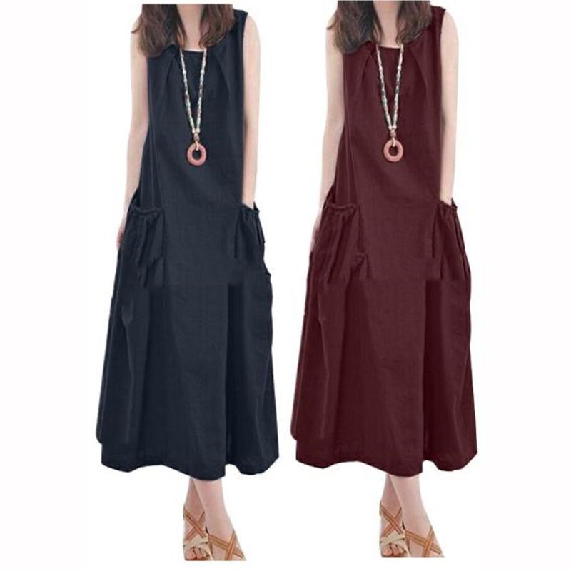 Sommer ärmelloses Maxikleid Damen Mode Arbeit Urlaub Sommerkleid Lässig Einfarbige O-Ausschnitt Vestidos Midi Robe Oversize