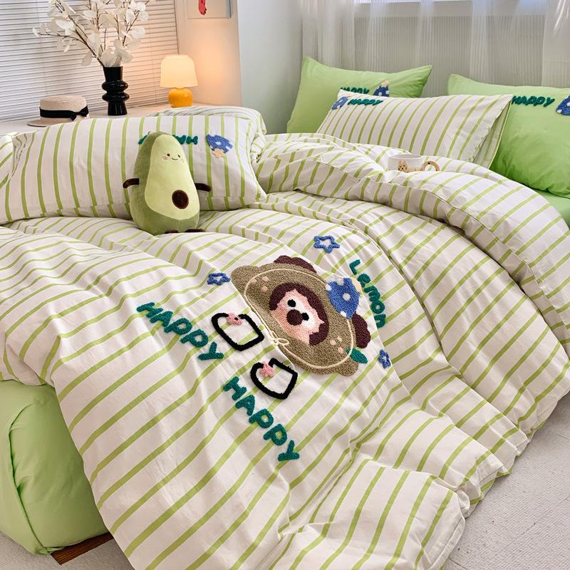 Washed Pure Cotton 4Pcs Set Cotton Towel Embroidered Quilt Cover Soft Skin-Friendly Bed Sheet Mattress