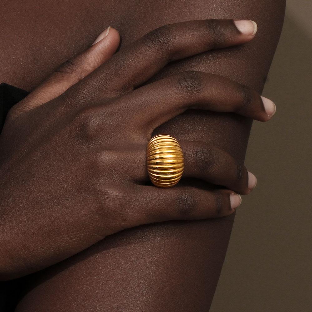 E.B.belle Minimalist Style Fat Bread Stripe Ring 18K Gold Plated Stainless Steel Party Women Fashion Jewelry