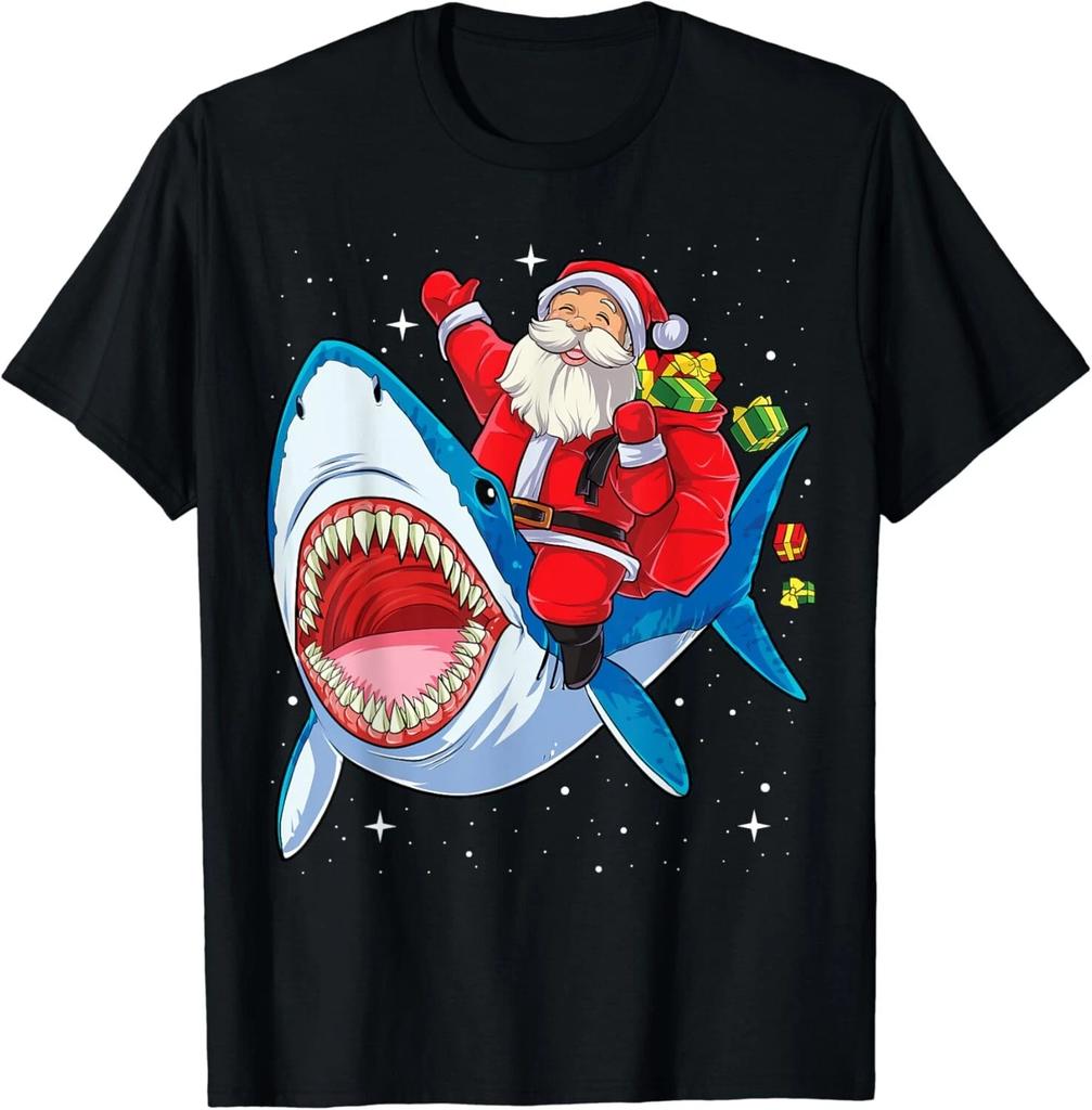 Santa Claus Riding Shark Christmas Boys Merry Sharkmas Xmas Gift Unisex T-Shirt