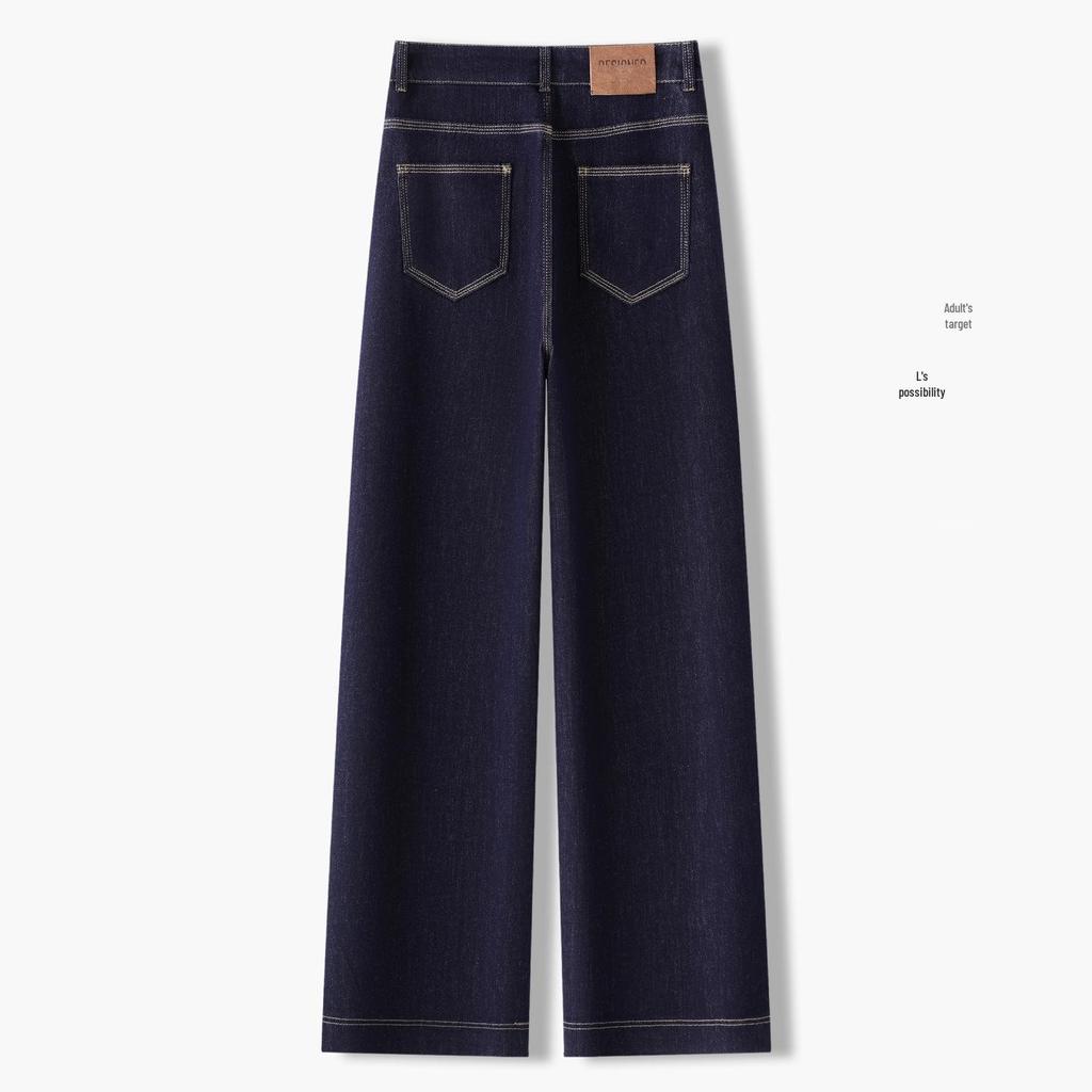 Premium Women's Dark Blue Denim Jeans - 2025 Petite Nine-Point Straight Leg with Velvet, Thick Wide Leg for Autumn/Winter.