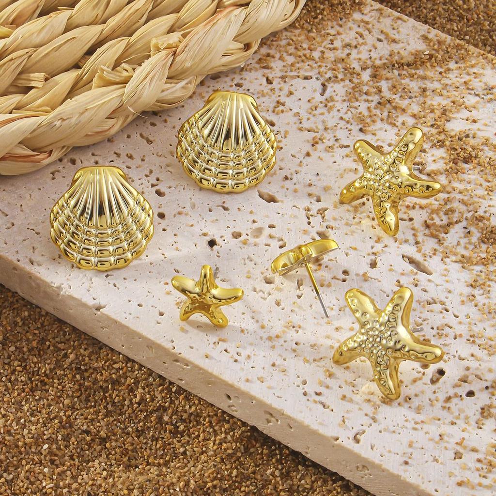 6Pcs Exquisite Starfish Shell Stud Earrings Fashionable CCB Earring Set Women's Summer Beach Party Jewelry Gifts