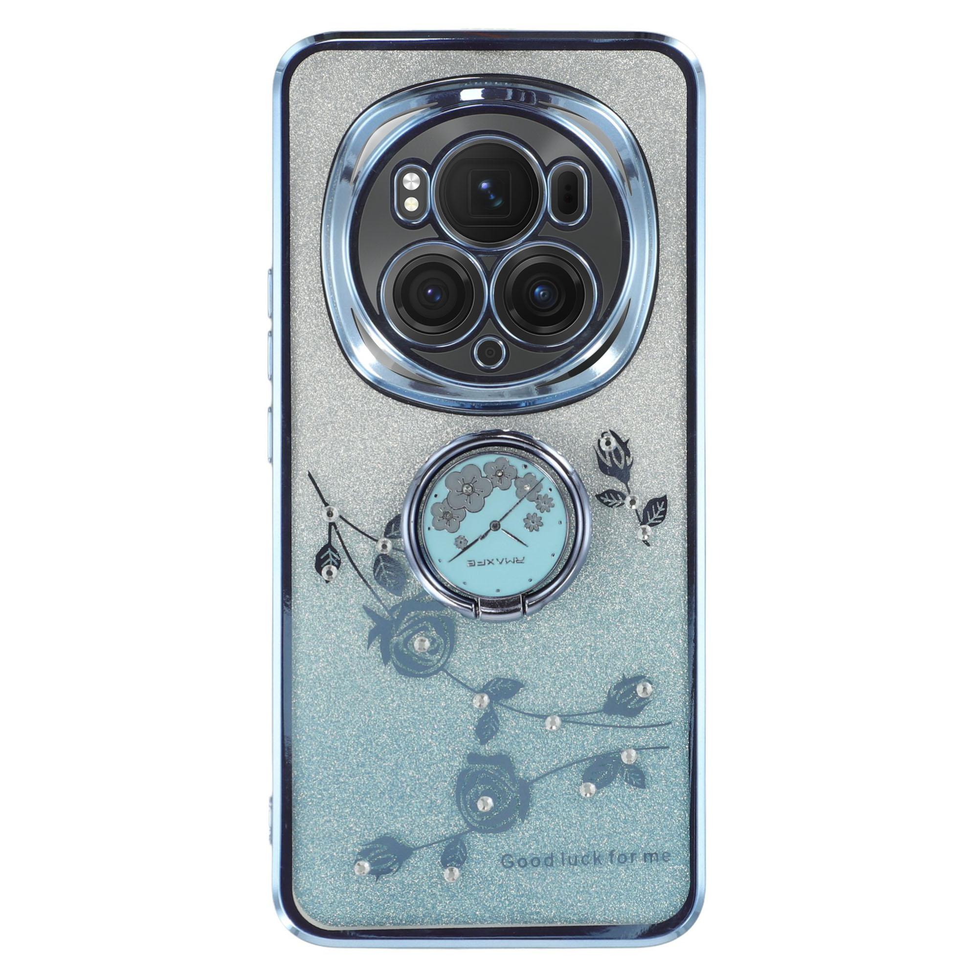 

KADEM For Honor Magic6 Pro 5G Kickstand Case Floral Glitter Rhinestone TPU Phone Shell Blue
