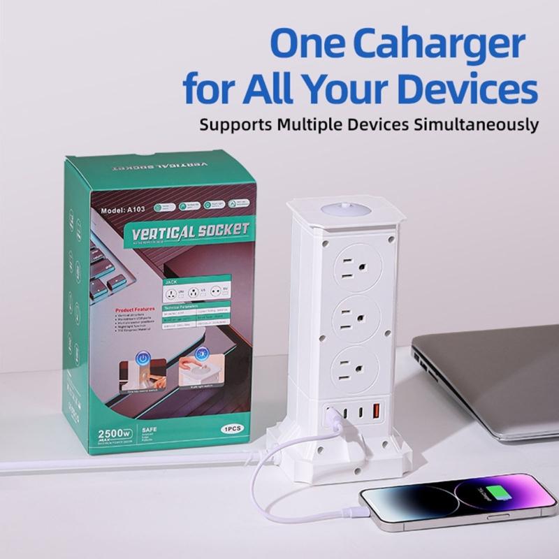 Vertical Power Strips with 8 Outlets Small Design Outlet Tower for Home and Office Space Saving Plastic Construction