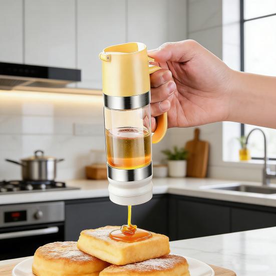 Press Honey Dispenser Bottle Syrup & Sauce Container with No-Drip Spout BPA-Free Plastic Honey Pourer Bottle for Kitchen Coffee Barbecue Use