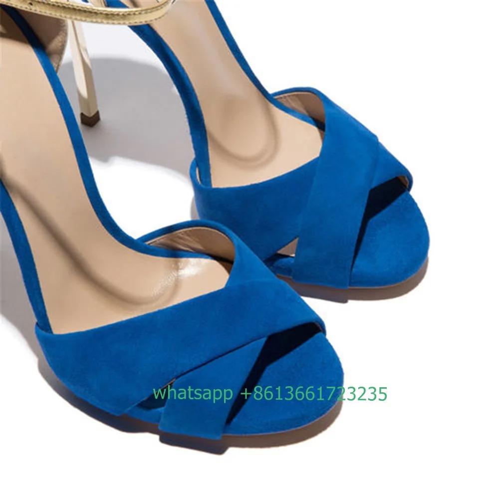 Blue/gold Mixed Color Sandals Peep Toe Suede Cross Strap Stiletto High Heels Women Pumps 2025 Summer Gladiator Shoes