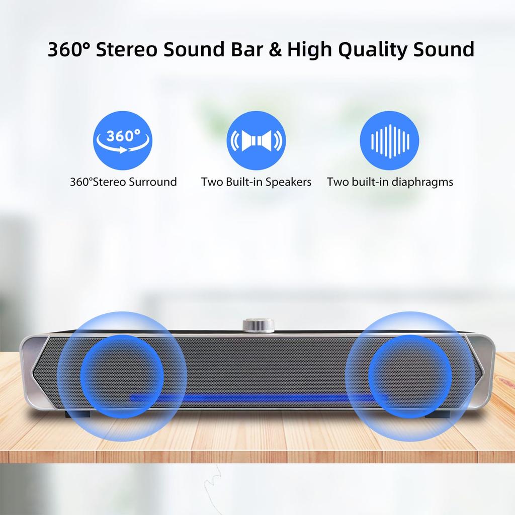 PHISSION USB-Powered Stereo Soundbar with AUX Connection for PC Speakers, TVs, Desktops, PCs, and Smartphones