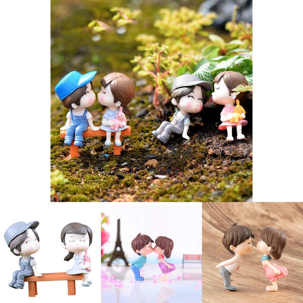 Charming Bench Couple Kissing Dolls Set For Exquisite Miniature Garden Decor