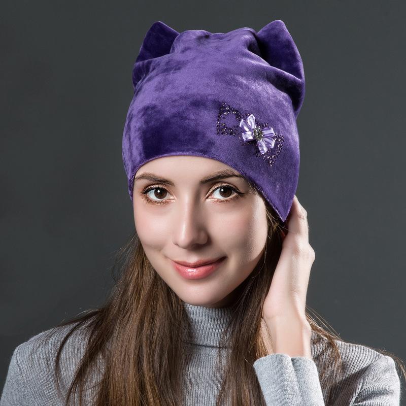 Inverno feminino veludo dourado pulôver orelha de gato quente bonito flor diamante dupla camada chapéu de malha