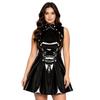 S-3XL Wet Look PU Sleeveless Dress Open Front Button Overlay Pleated Hem Glossy Vinyl for Rave Party Club Night