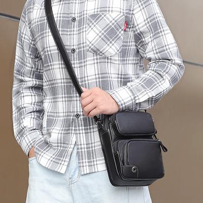 Sac bandoulière décontracté en cuir, Sac à bandoulière pour homme en cuir de vachette multi-poches, Sac à main à bandoulière