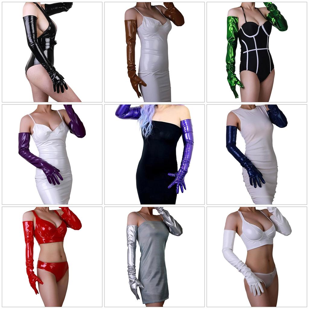 High Gloss Faux Leather Extra Long Gloves Various Shades For Style And Costume Play