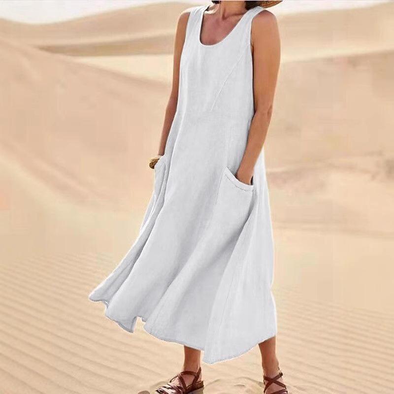 Summer Fashion Loose Sleeveless Pocket Dress Crew Neck Elegant Women Plus Size Casual Simple A-line Party Dresses Solid Color Streetwear Clothing