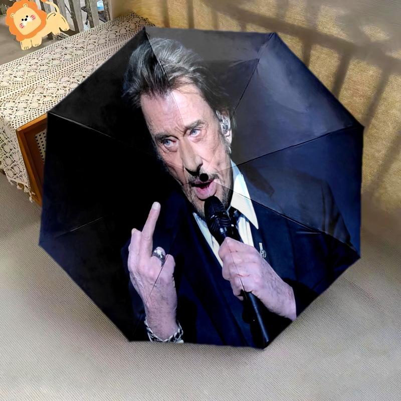 1pc Johnny Hallyday Pattern Umbrella Portable Folding Umbrella Iron Frame Hole Bone Structure Outdoor Home Umbrella
