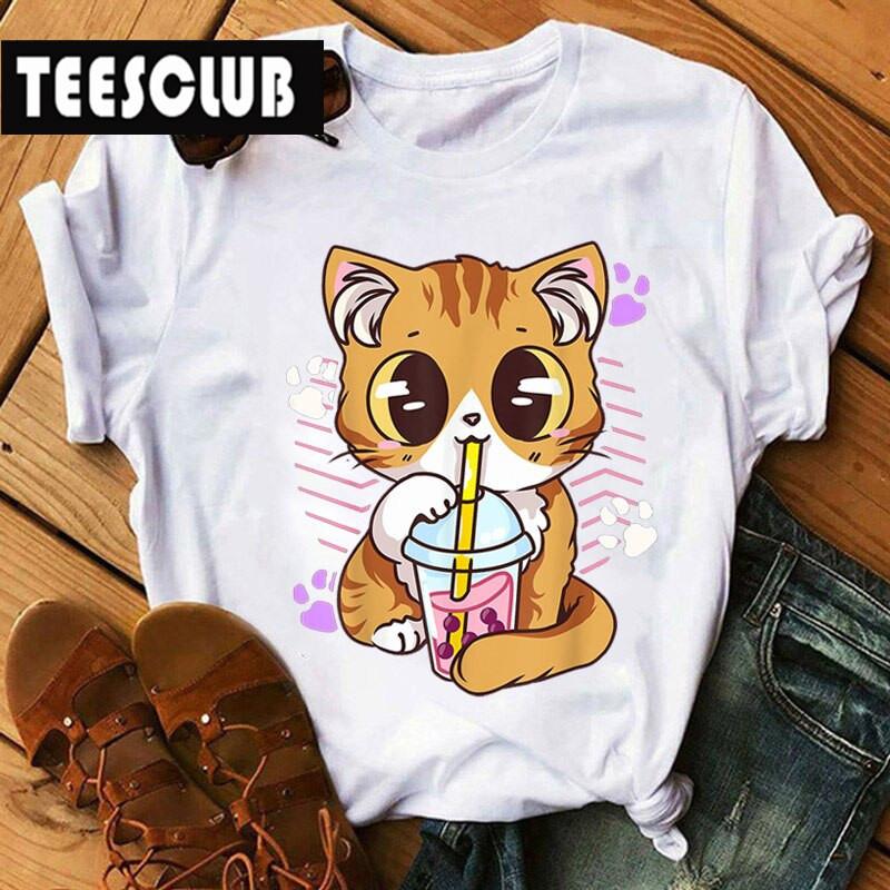 Milk Tea Cat Print Bubble Tea Animal TShirt Unisex Couple Trendy Personalized Womens Clothing Soft Cotton Short Sleeve Tshirt