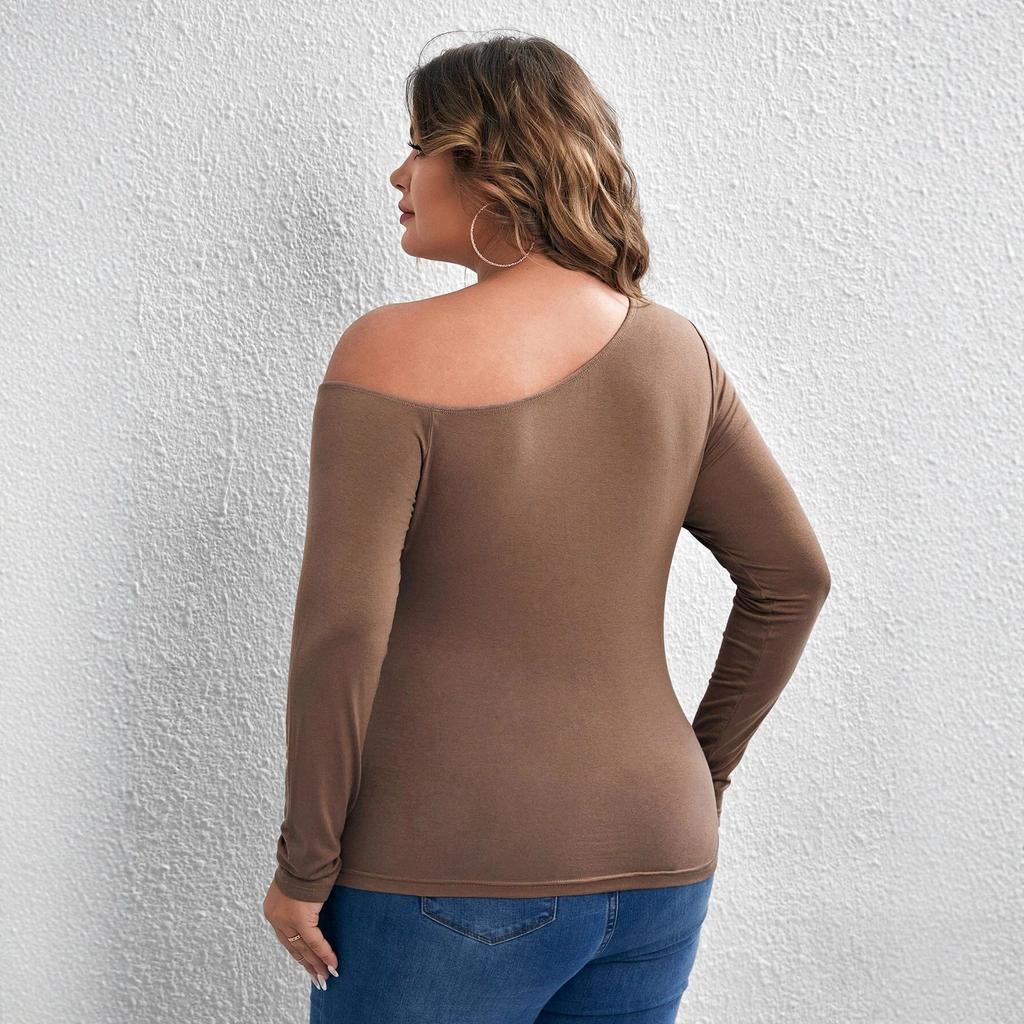 European and American large-size women's clothing new slanted shoulder off-the-shoulder top women's slim waist and thin versatile long-sleeved T-shirt