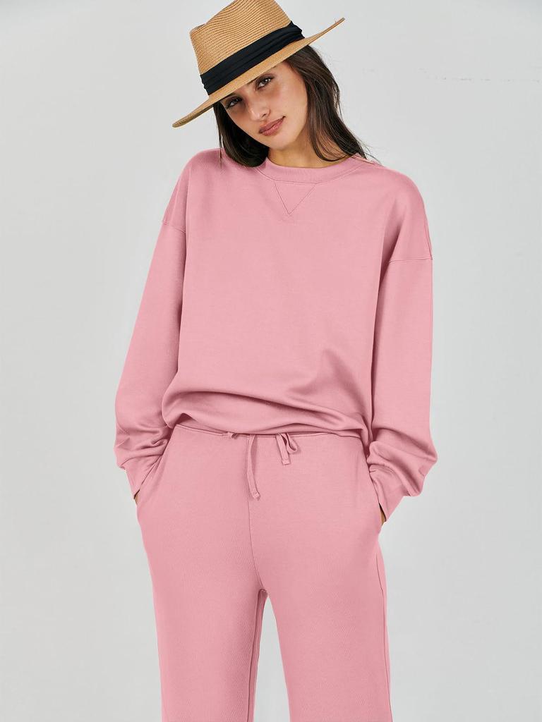 European & American Autumn/Winter Women's Solid Color Crew Neck Sweatshirt & Long Pants Set