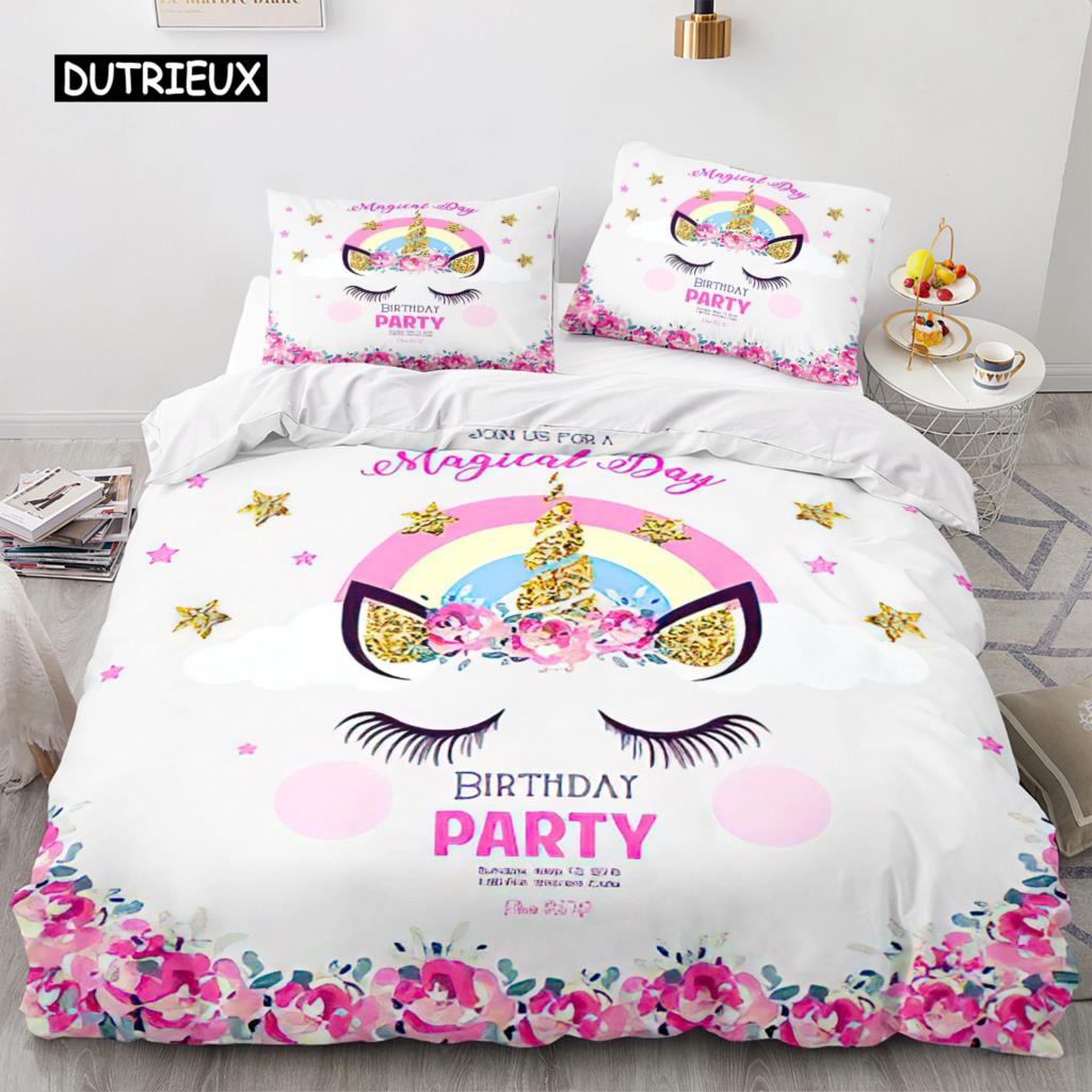 Unicorn Duvet Cover King Queen Cute White Cartoon Animal Bedding Set Children Boys Girl Western Fairy Tale Polyester Quilt Cover