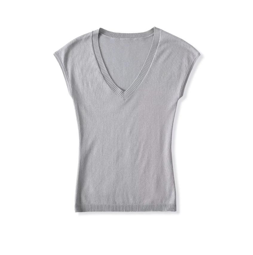 V-neck Slim-fit Short-sleeved T-shirt Women's Summer New American Spice Girl Slim-fit Basic Knitted Inner Top