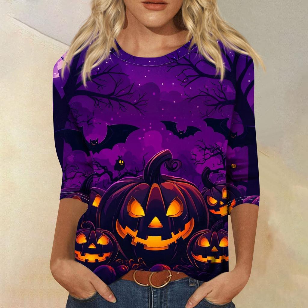 Women's Fashion Casual Three-quarter Sleeve Halloween Printed Round Neck Top