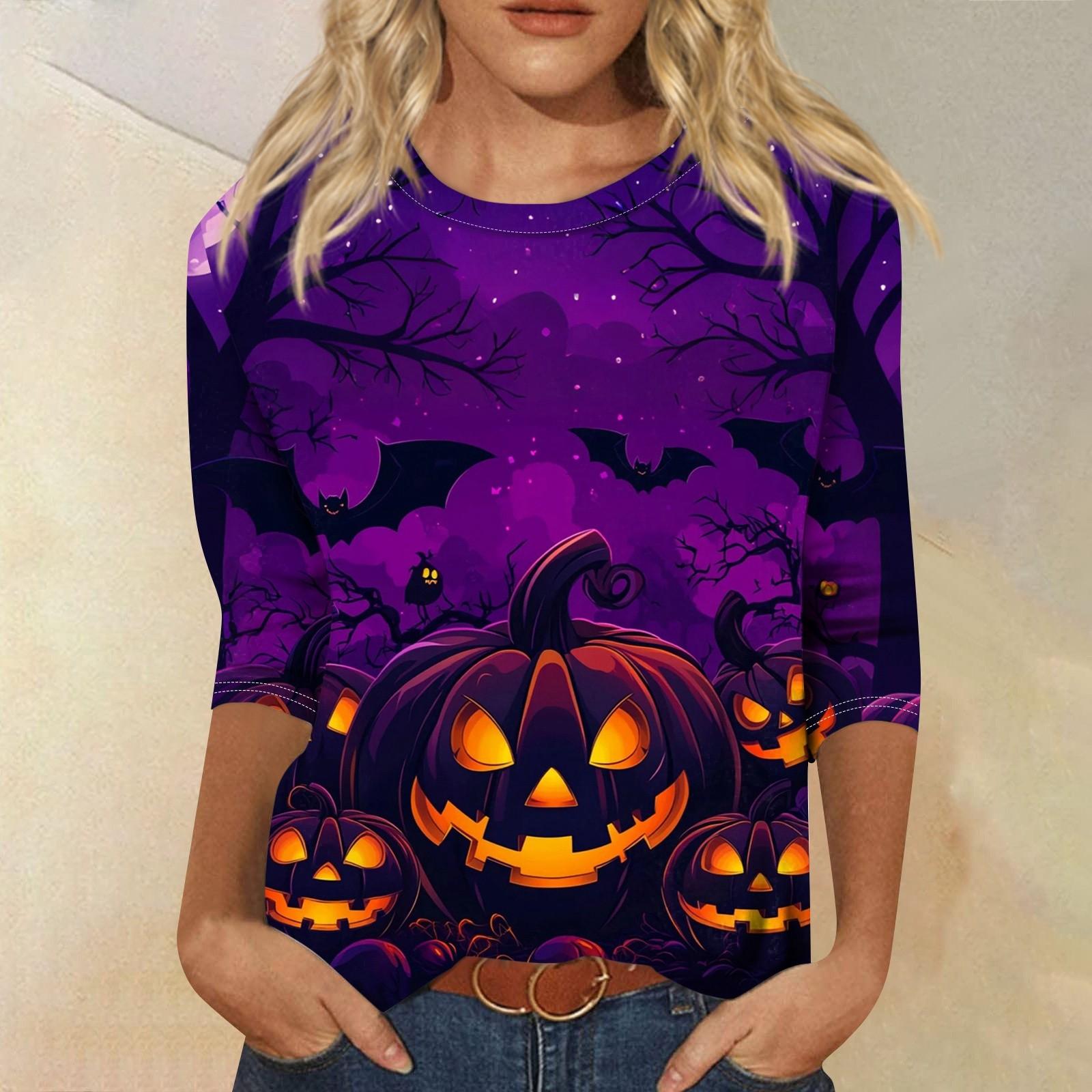 

Женская модная повседневная футболка с рукавом три четверти и принтом на Хэллоуин, с круглым вырезом XXL