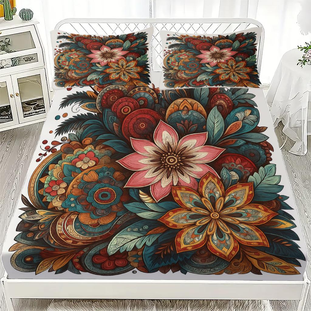 3pcs Fitted Sheet Set Colorful Flowers Flora Rose Print 100% Polyester Breathable Bedding Set for Home Decor with 2 Pillowcases