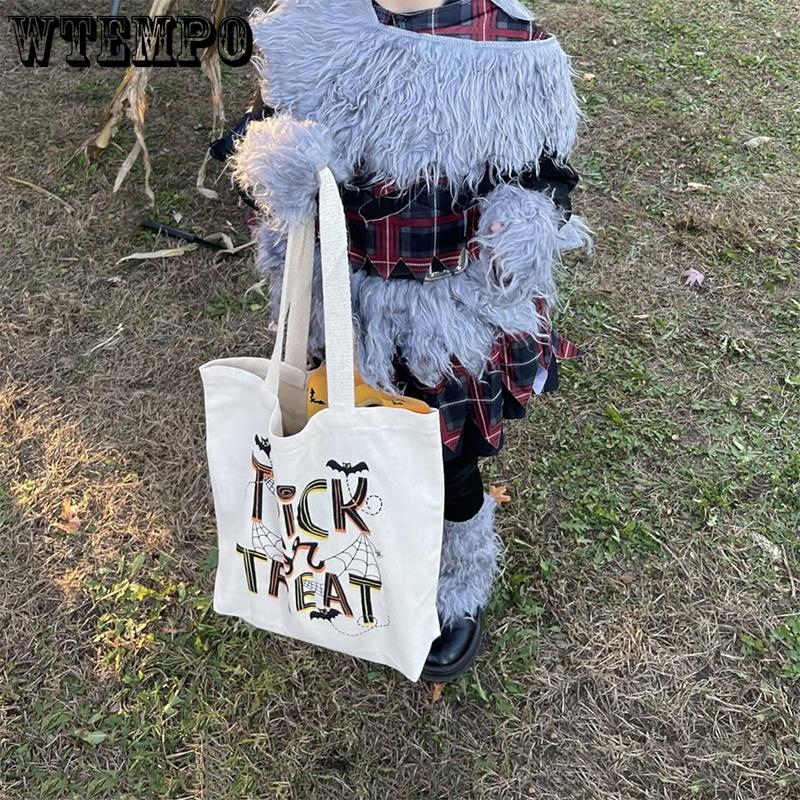 WTEMPO Halloween Canvas Bag Halloween Treat Bag Bat & Spider Web & TRICk OR TREAT Printed Bag Creative Soft Festival Handbag & Single-shoulder Bag