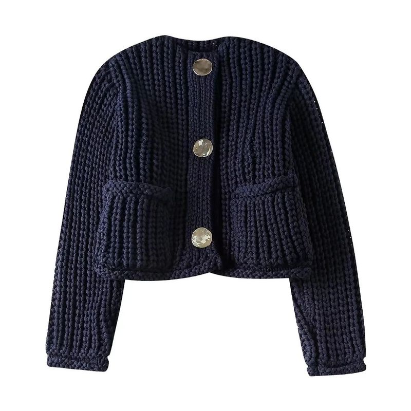 

Solid Color Single Row round Button Jacket Solid Single Row round Buckle Outerwear Navy Blue XS(XS)