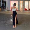 Europe and the United States Autumn Popular Sexy Babes One Word Shoulder Hairy Tube Top Slit Dress Women
